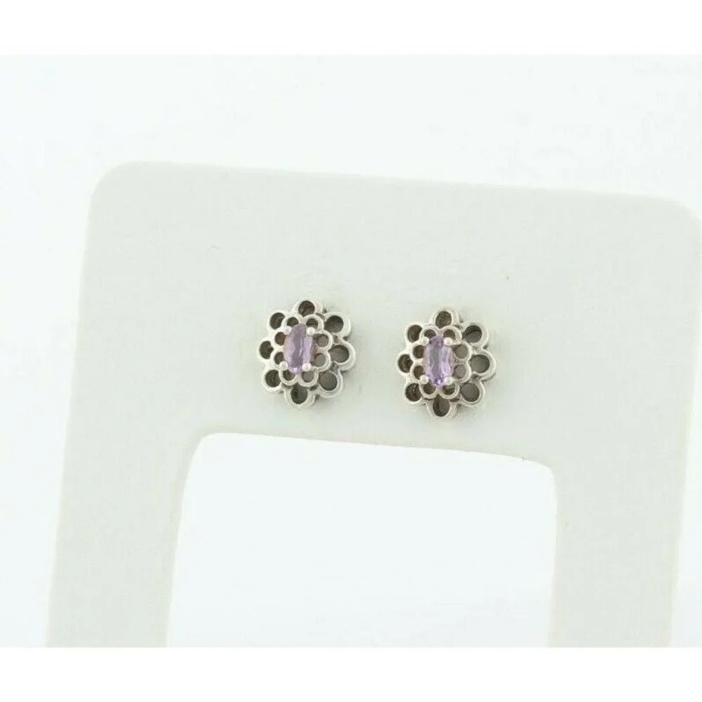 Sterling Silver Purple Amethyst Flower Earrings Stud Post Earrings - Picture 6 of 7